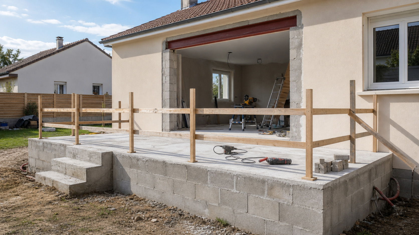 Façade avec ouverture créée et terrasse surélevée à déclarer