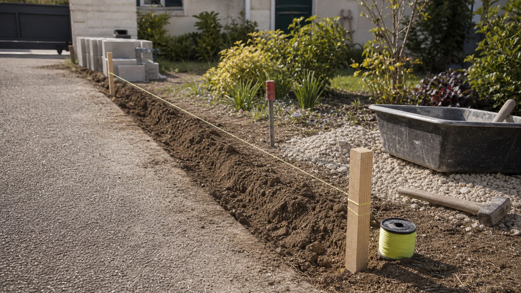 Cordeau et bornage posés avant construction d'un muret