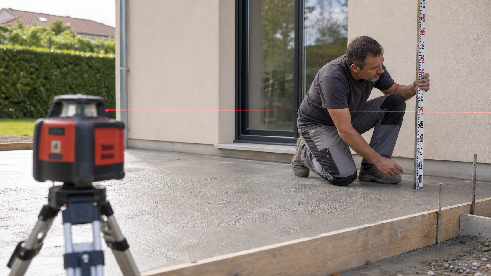 Niveau laser contrôlant la pente d'une terrasse en béton